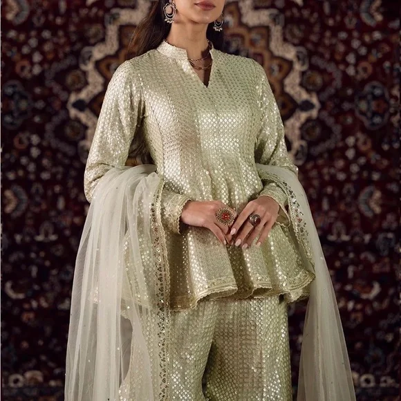 NWT Embroidered Light Olive Green Peplum Sharara Set - Picture 3 of 4